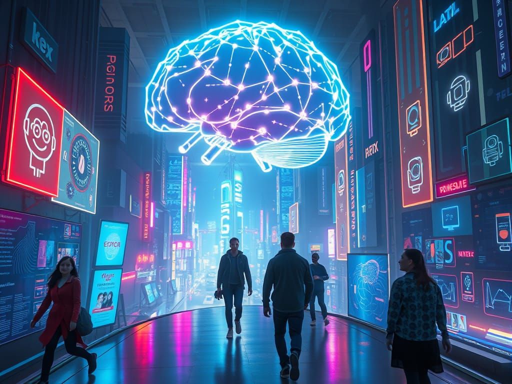 Futuristic Cityscape: Holographic Brain in Neon-Lit Metropol...