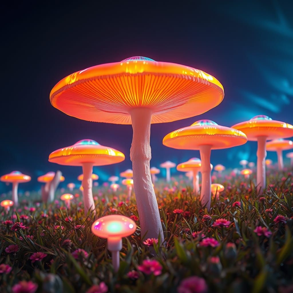 Mystical Alien Mushroom Landscape in Vibrant Iridescence