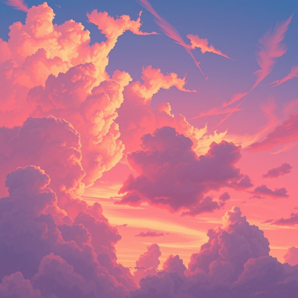 Vibrant Dawn Sky in Flat 2D Anime Style