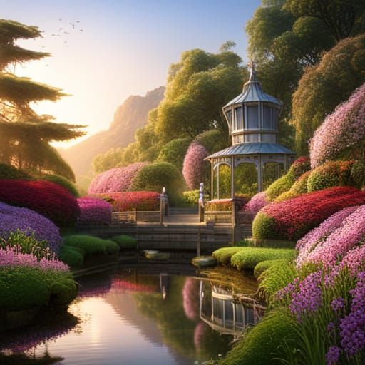 Robot in Flower Garden, Detailed Matte Painting