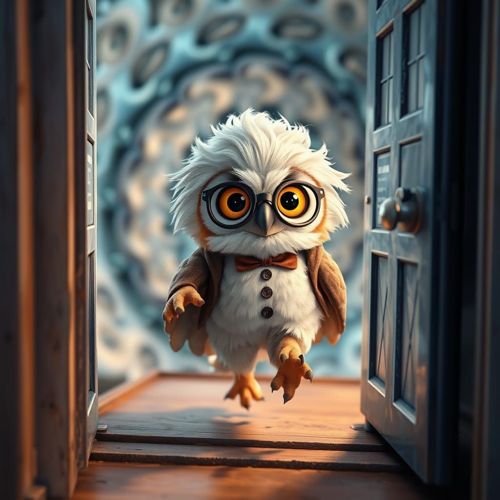 Prof Owl acts as Albert Einstein coming out from a Tardis