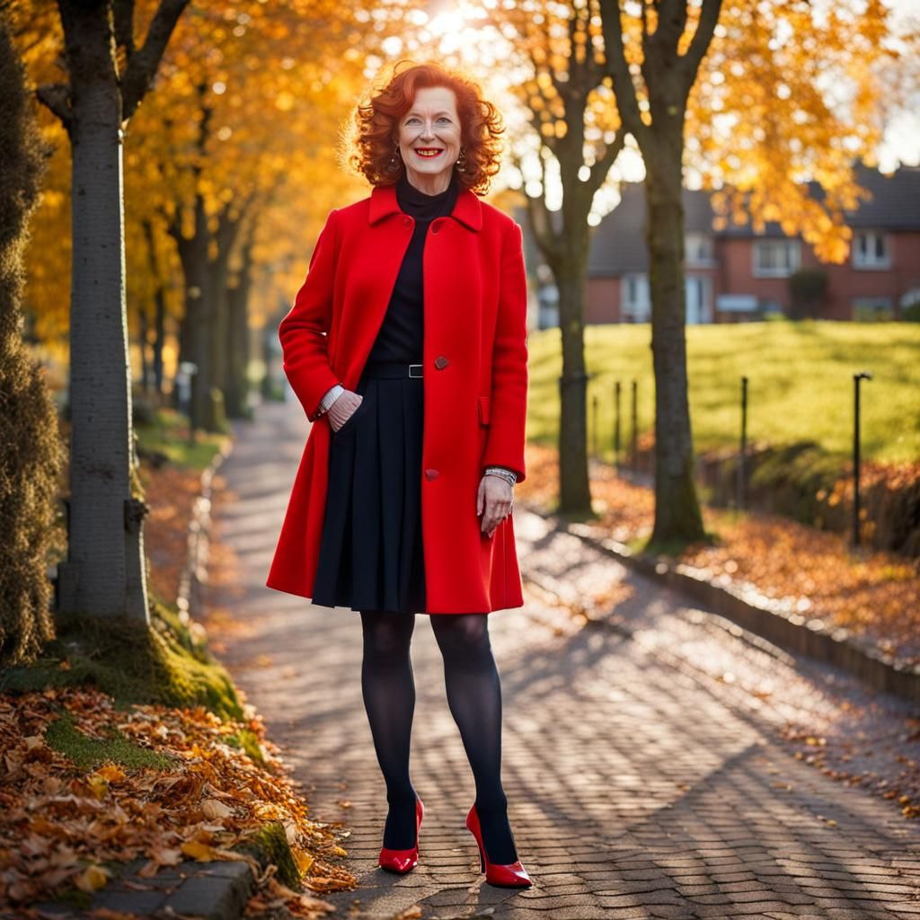 Woman in Red Coat in Autumn Sunshine