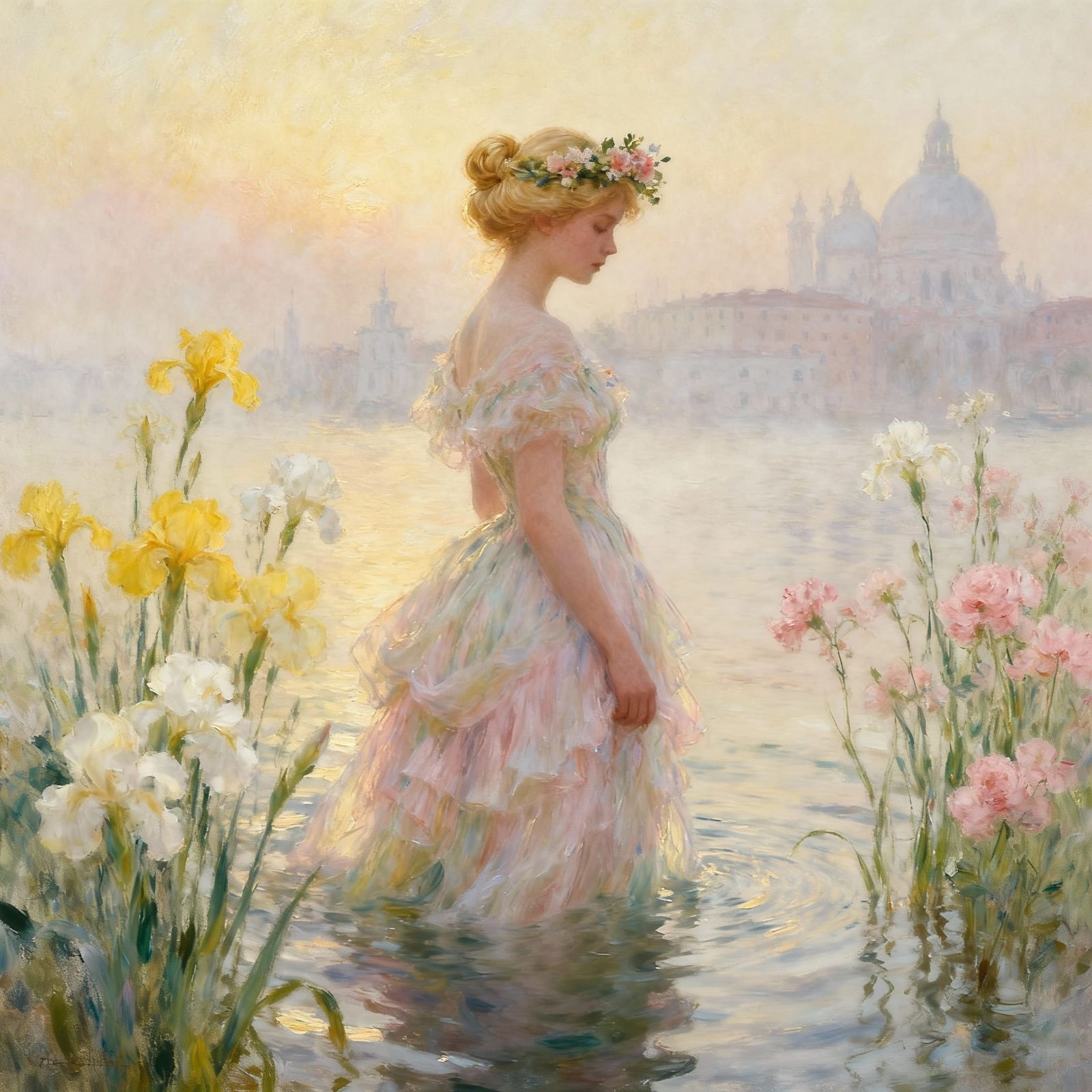 Impressionistic Fairytale: Woman in Pastel Gown in Water