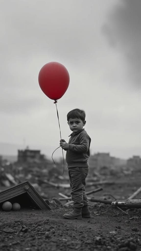 Boy with Red Balloon in War Landscape