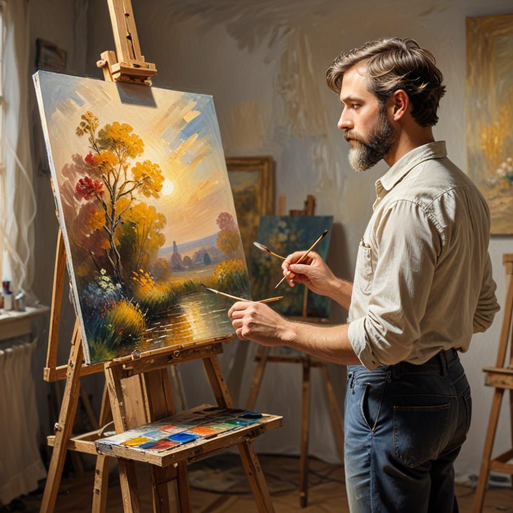 Impressionist Artist at Work in Sunlit Studio