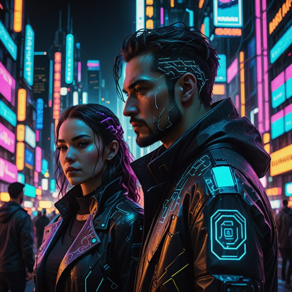 Cyberpunk Couple in Neon Cityscape