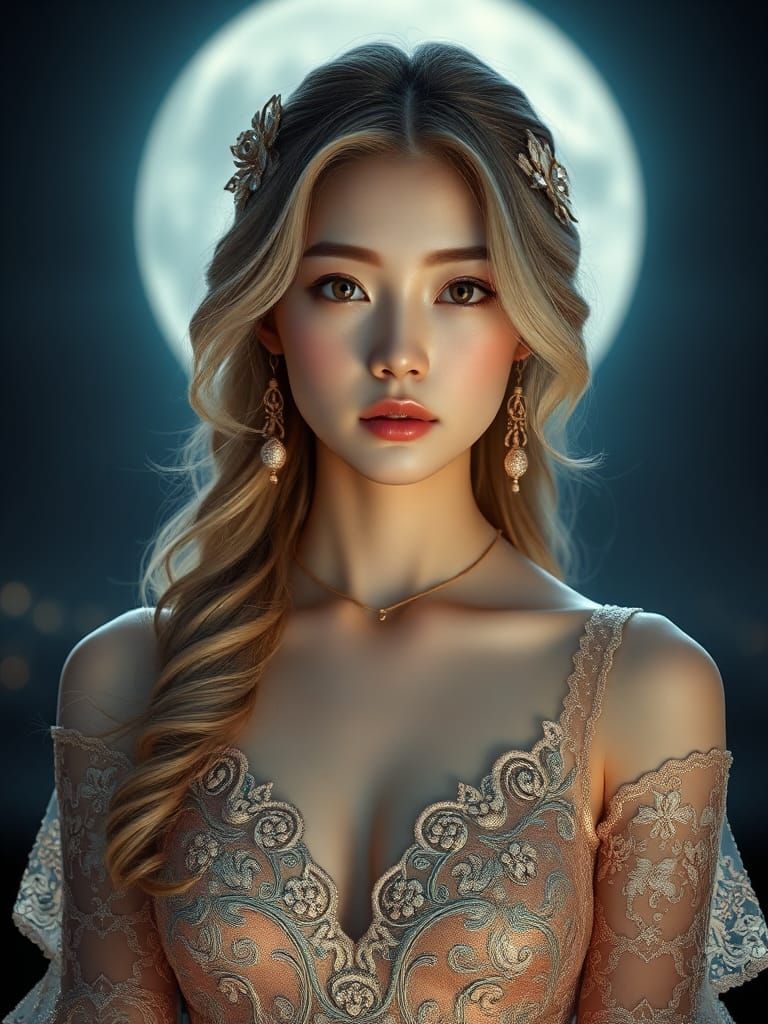 Japanese Woman in Gold Lace Dress, Art Nouveau Style