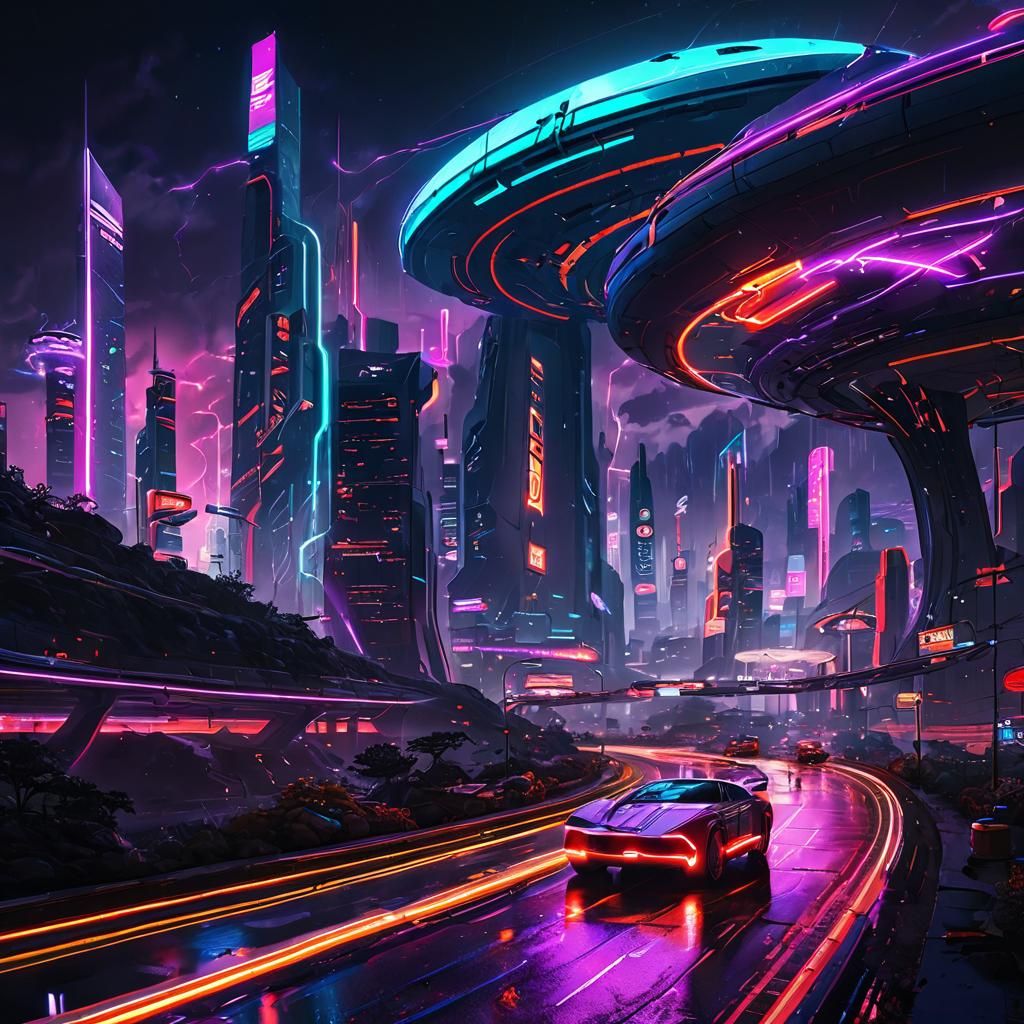 Futuristic Cityscape with Flying Cars in Neon Style