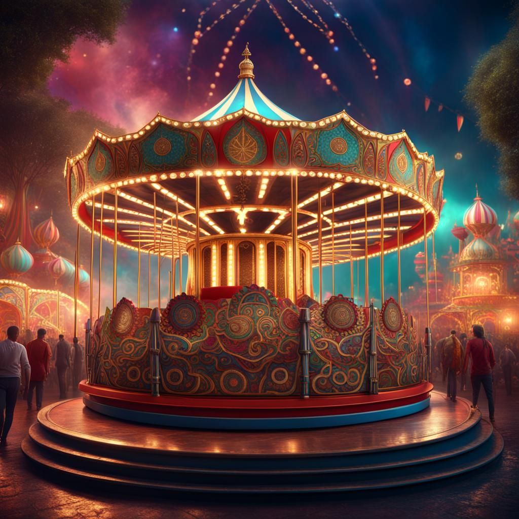 Indian Circus Carousel with Roller Coaster, Digital Art