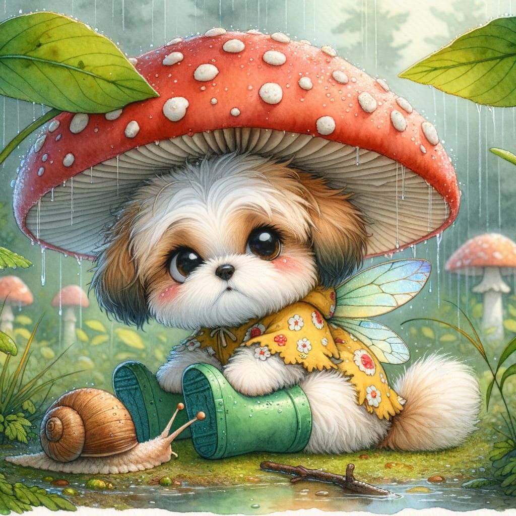 Adorable Shih Tzu Under Toadstool Children's Book Illustrati...