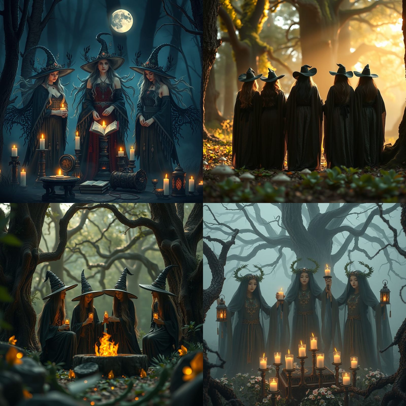 Skyclad witches in the woods performing rituals 16k resolution award winning illustration intricate hyper detailed elabo...