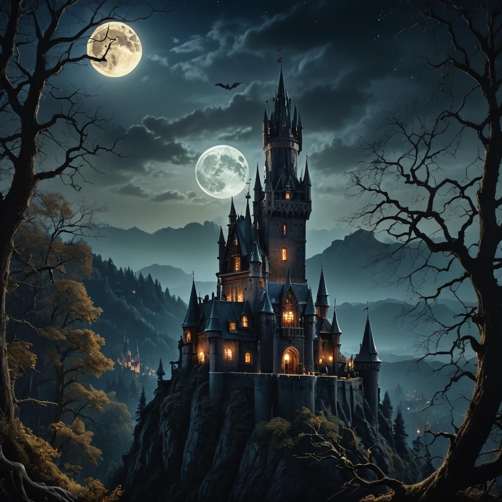 Dracula's Castle with Magical Bottle in Gothic Style