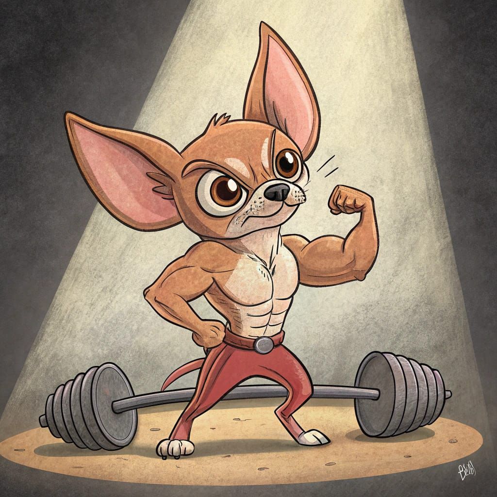 Comical Cartoon Chihuahua Bodybuilder in Classic Style