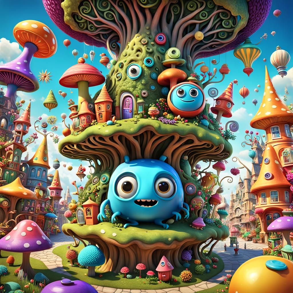 whimsical wonderland filled with colorful objects and creatu...