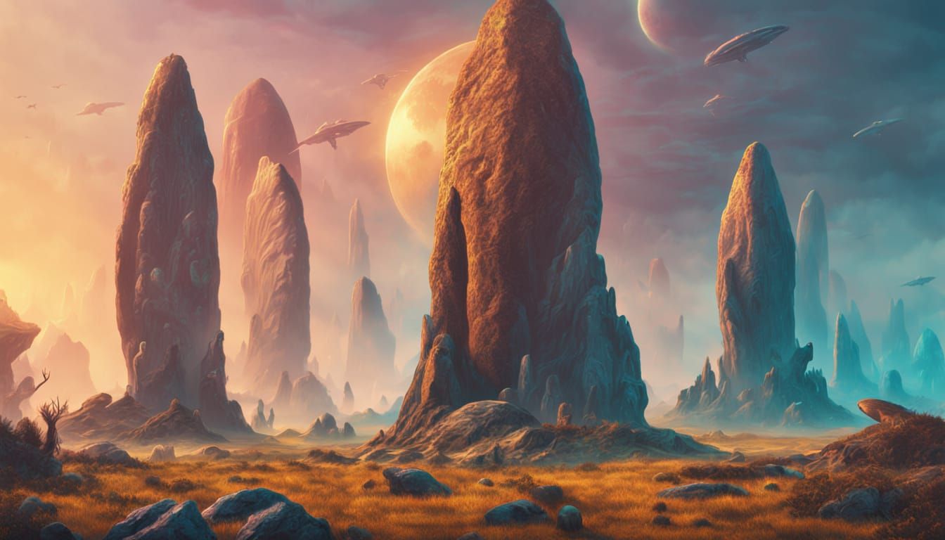 Menhir on Alien World with Bioluminescent Plants