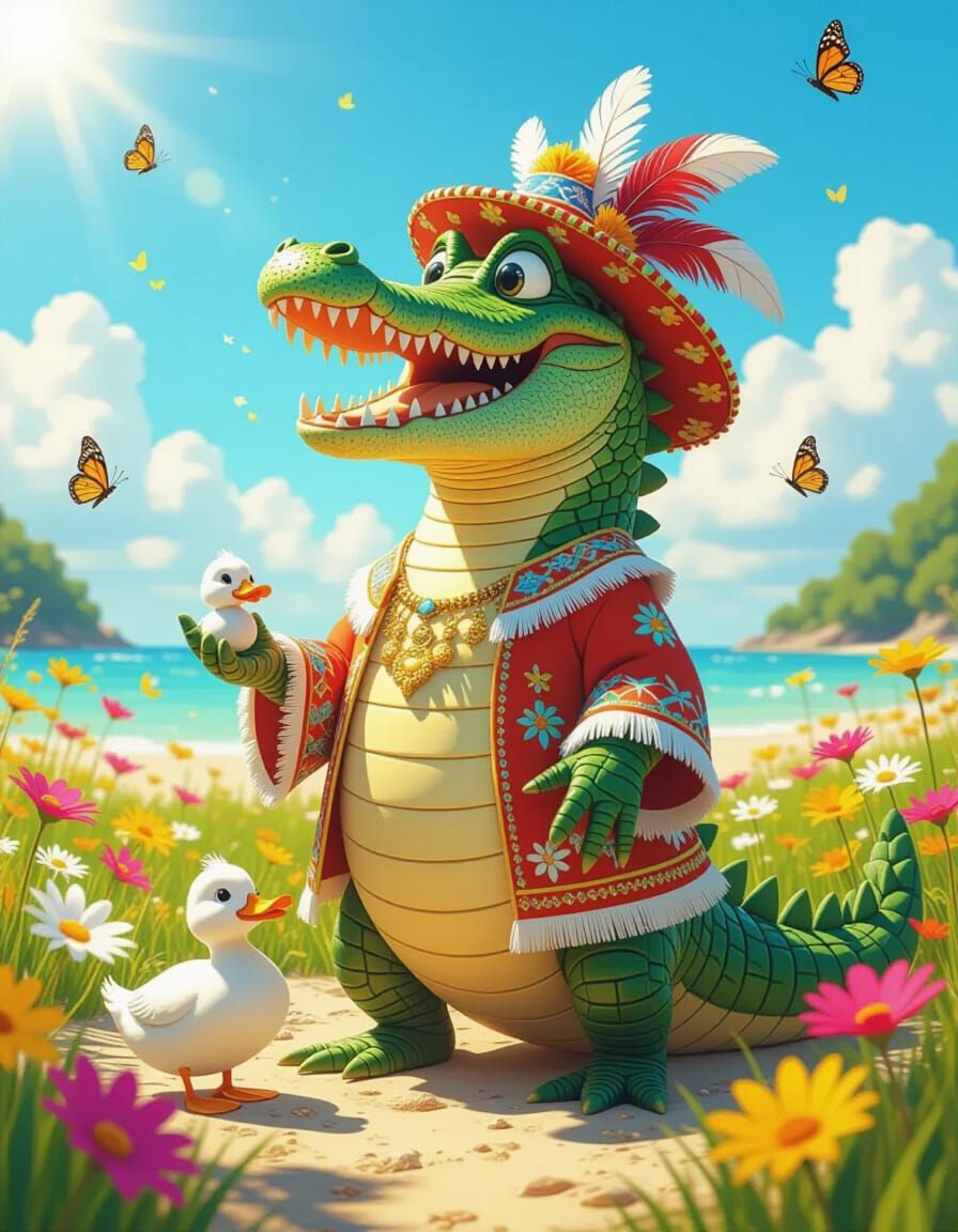Cheerful Crocodile in Floral Meadow, 3D Render