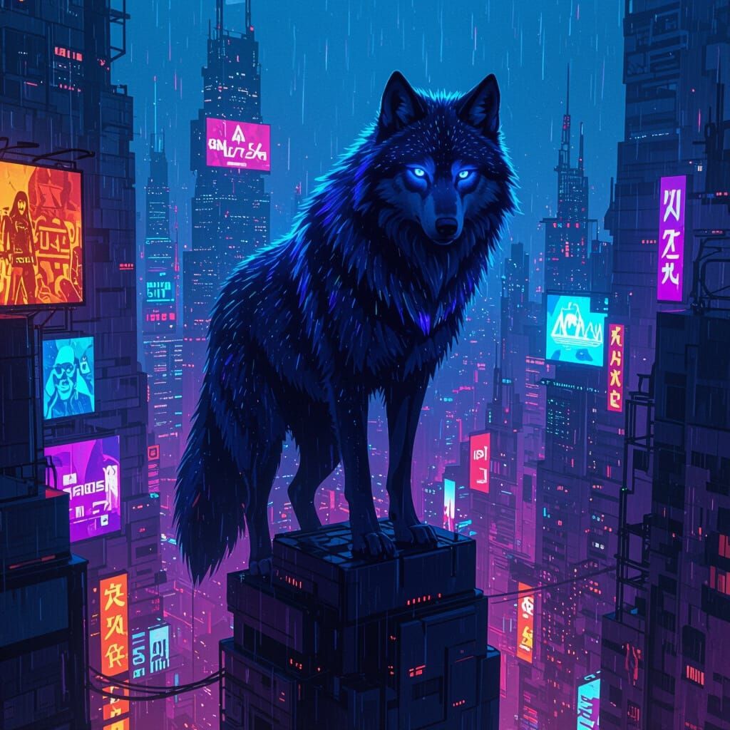 Cyberpunk Spectral Wolf Overlooking Neon Cityscape