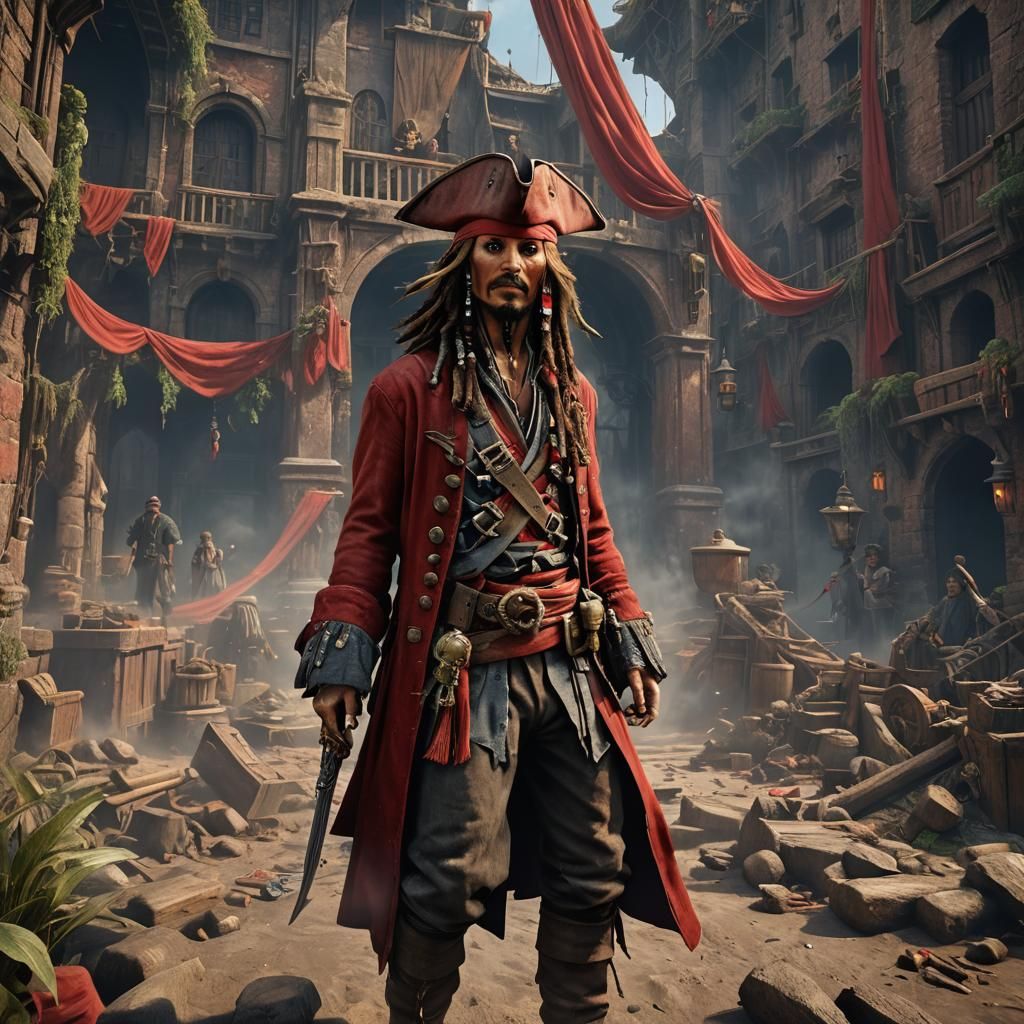 Jack Sparrow in Red Cloak: Detailed Matte Painting