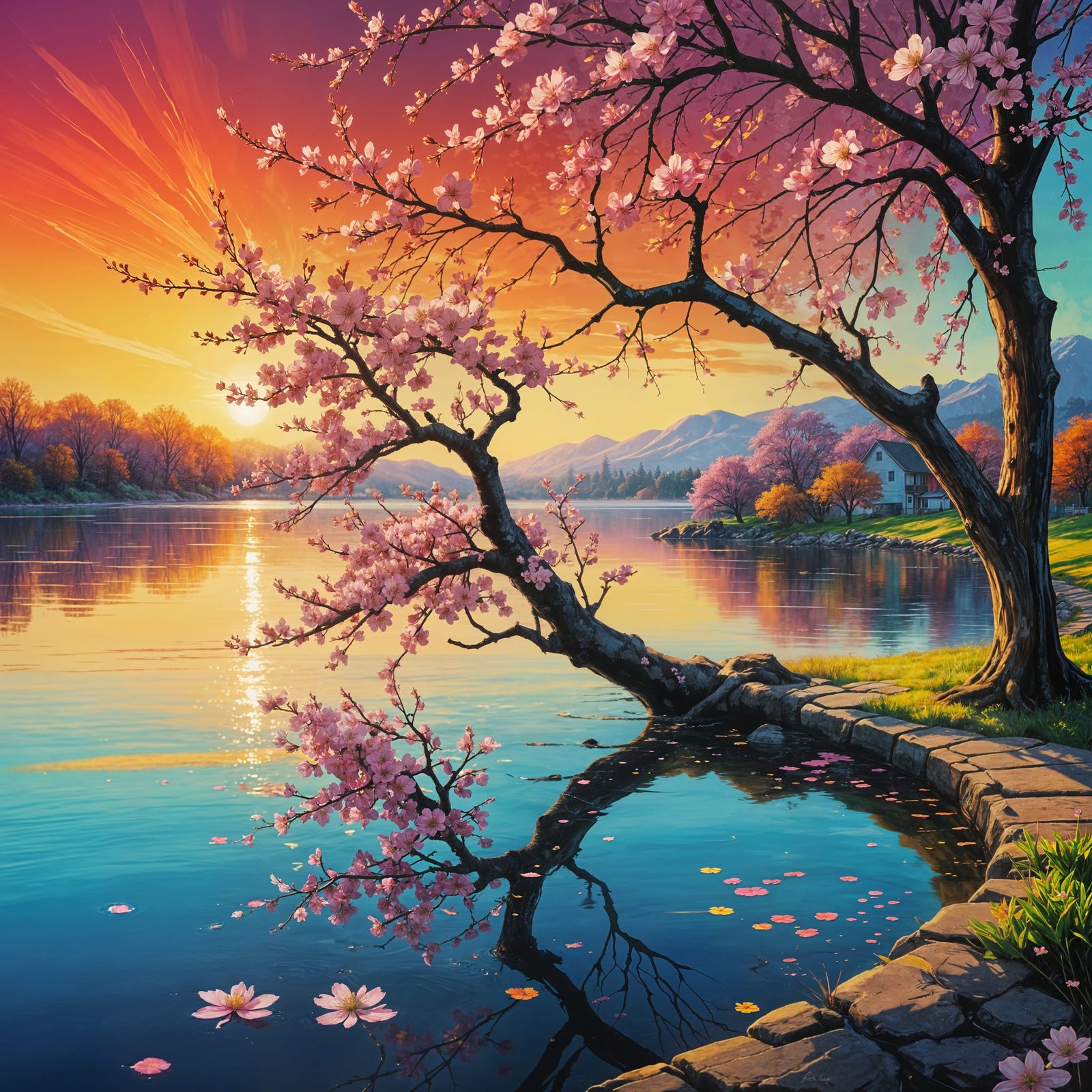 Cherry Blossoms by Lake at Sunset in Graffiti Style
