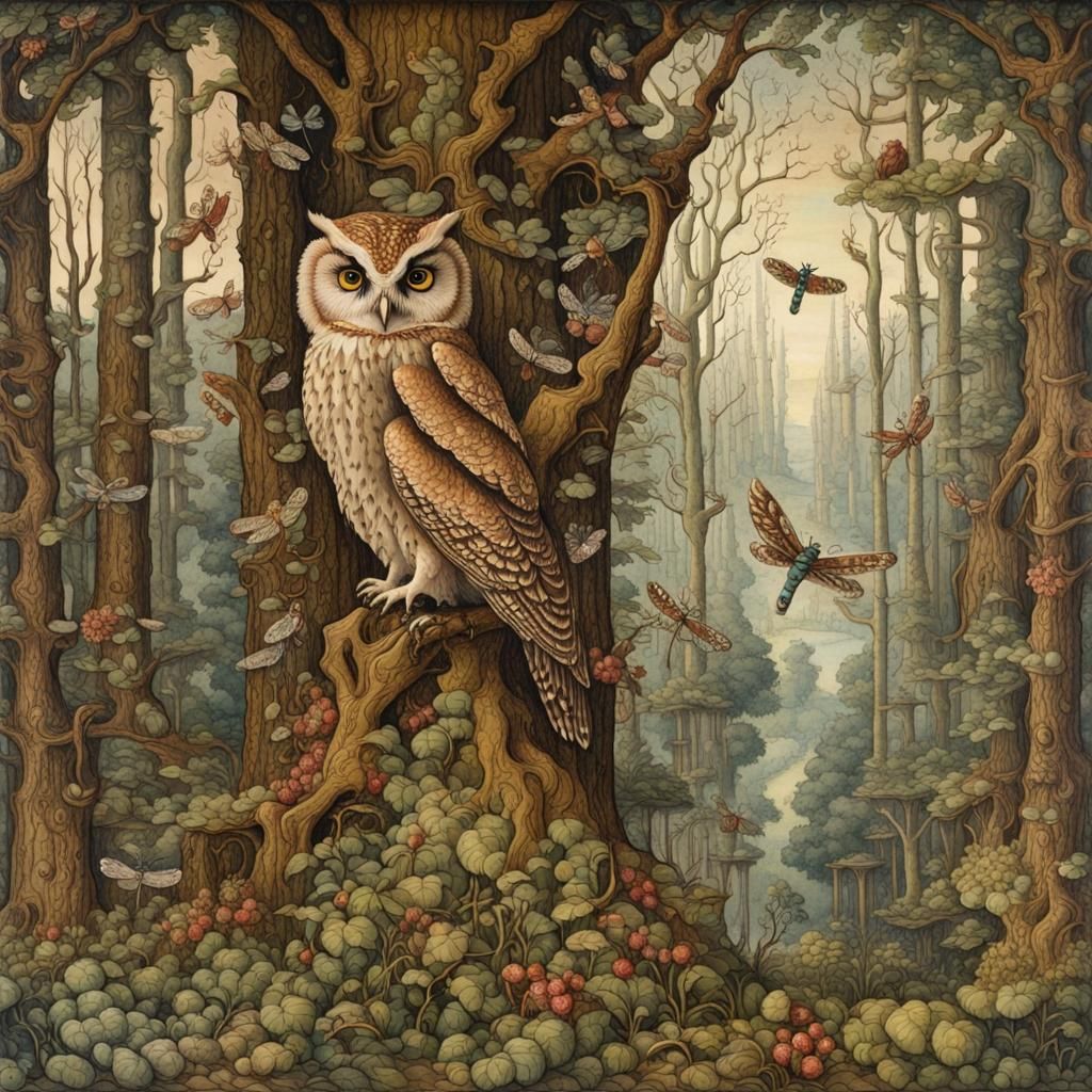 Enchanted Forest: Owl and Dragonflies in Renaissance Style