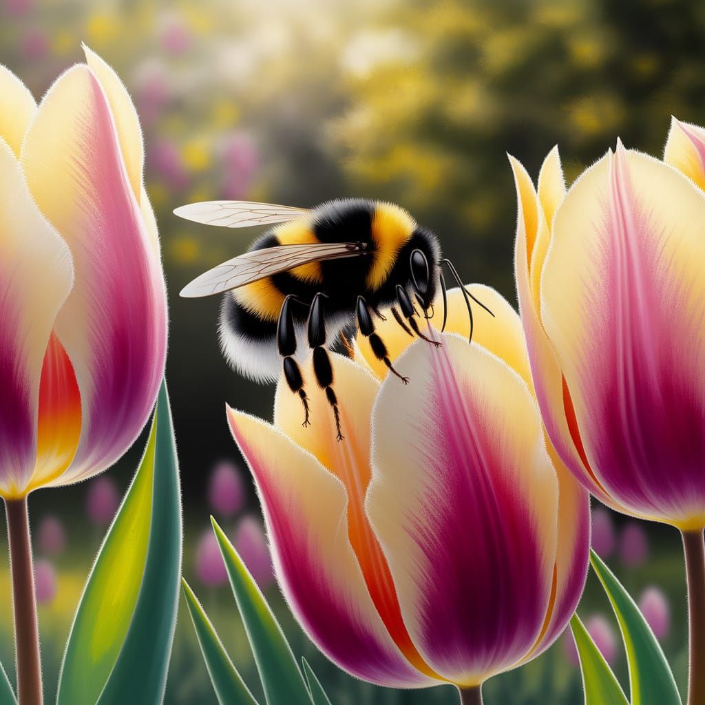Airbrushed Oil Painting of Bumblebee on Tulips
