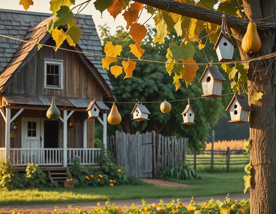 Folk Art Birdhouses on Clothesline at Farm