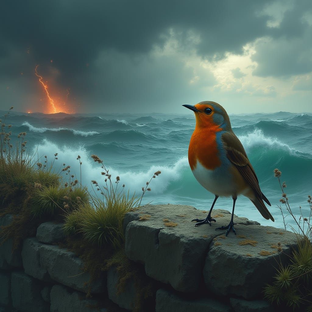 Robin Braving Stormy Sea, Dramatic Cinematic Lighting