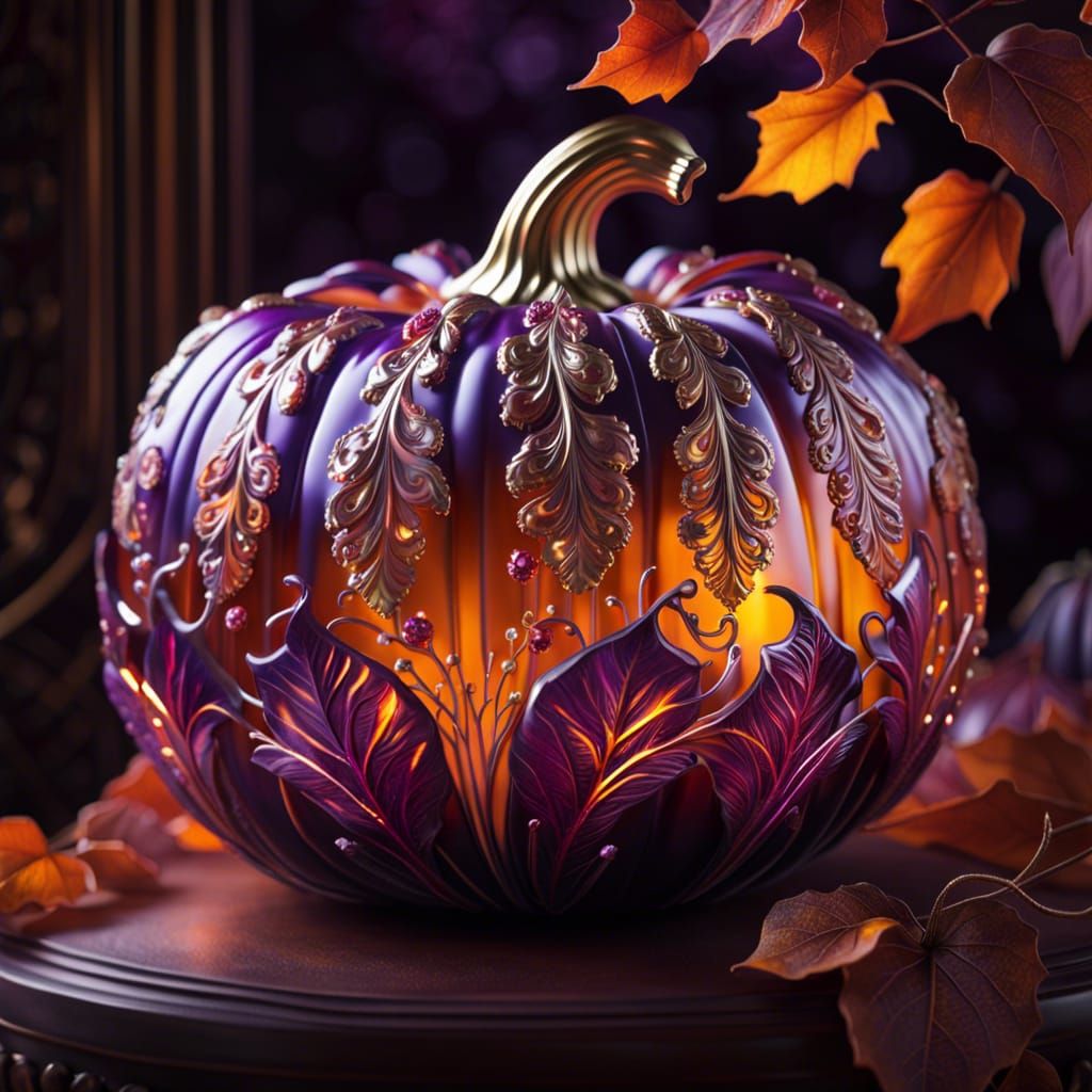 Ornate Purple Glass Pumpkin with Autumnal Details