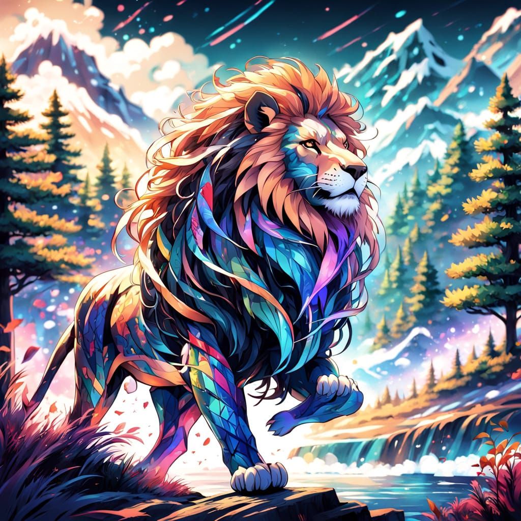 Vibrant Cancer Ribbon Lion in Anime-Inspired Digital Art