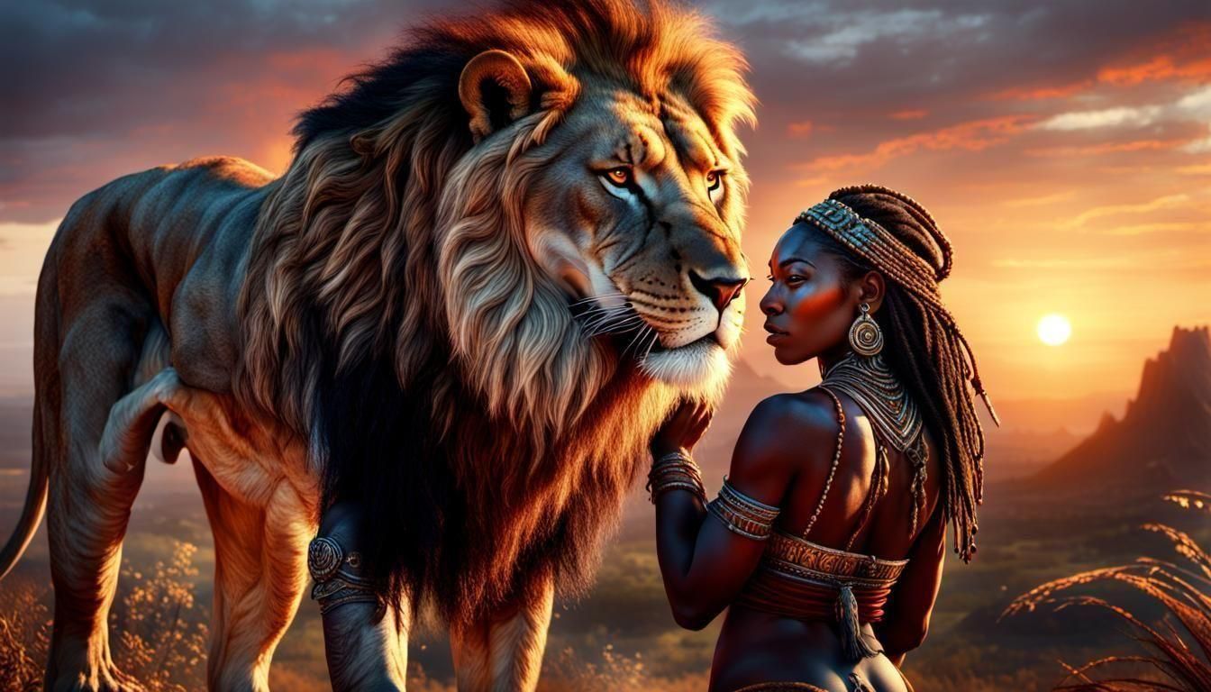 african shaman priestess in loincloth hugs a lion.in the background:savannah and sunset detailed matte painting, deep co...