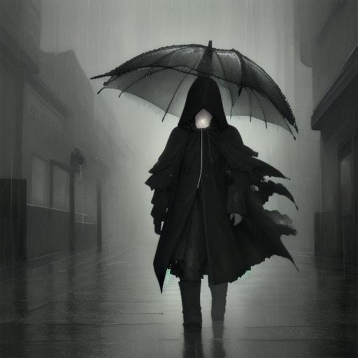 Depressed Figure in Rainy Cityscape: Watercolor Art