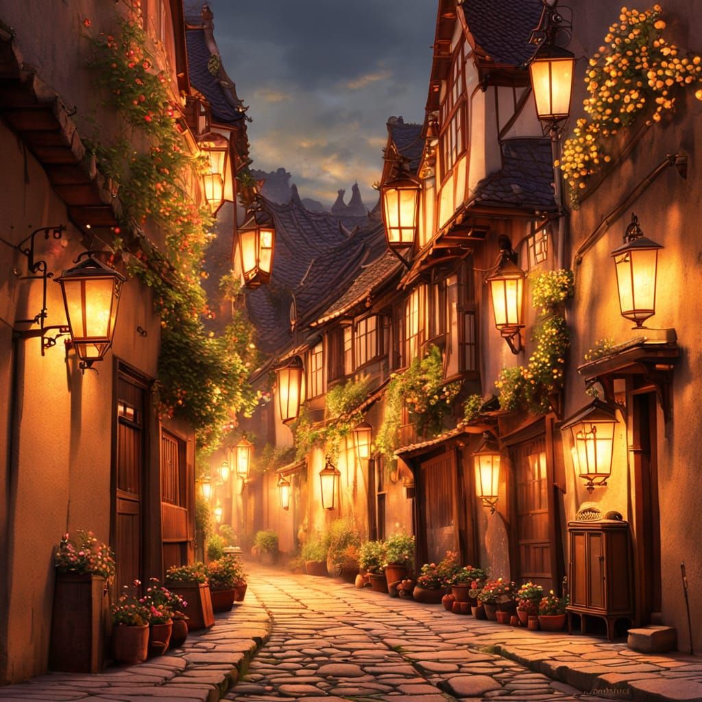 Medieval Alleyways Lit by Flickering Lanterns