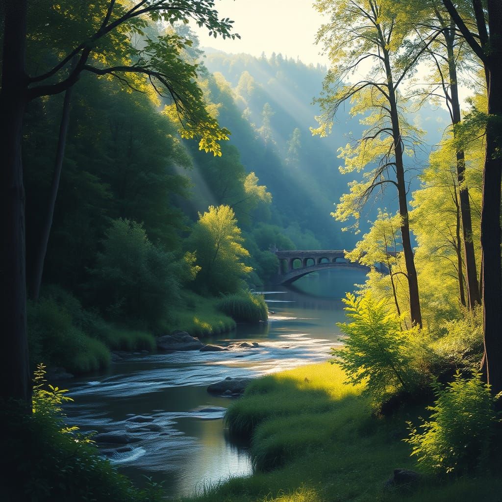 Serene Forest Lake With Bridge and Dappled Sunlight