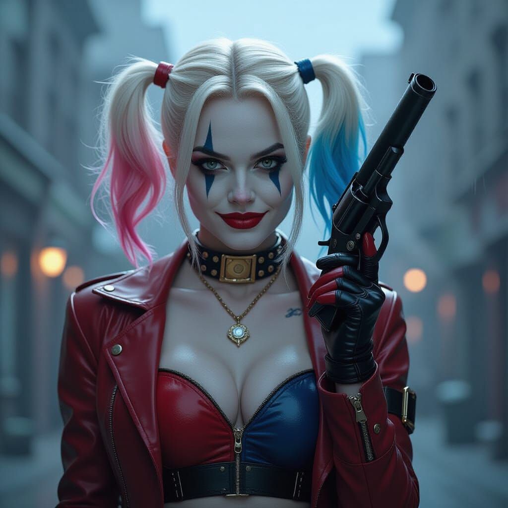 Harley Quinn Movie Poster with Stormy Cityscape