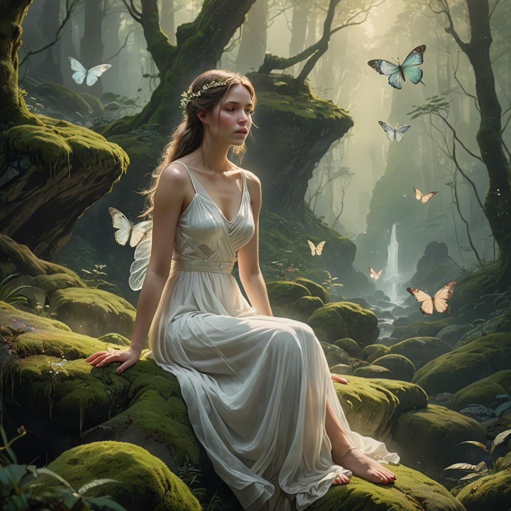 Woman in Dreamlike Forest with Butterfly: Concept Art