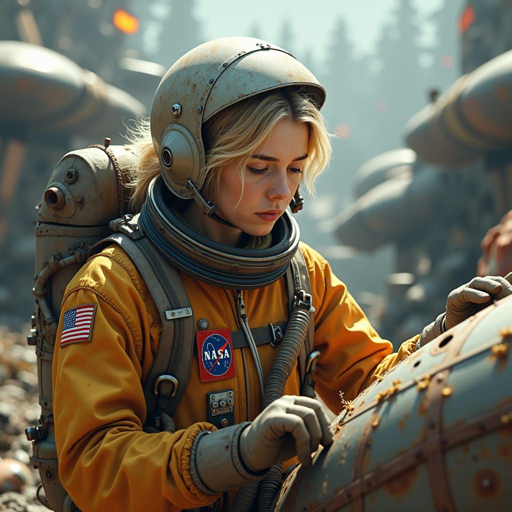 Woman in NASA Suit Repairs Spaceship