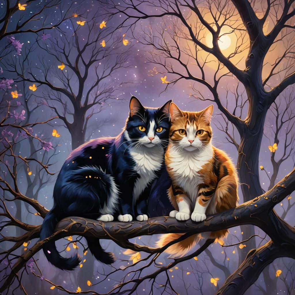 Cats Cuddle in Moonlit Tree: Whimsical Matte Painting