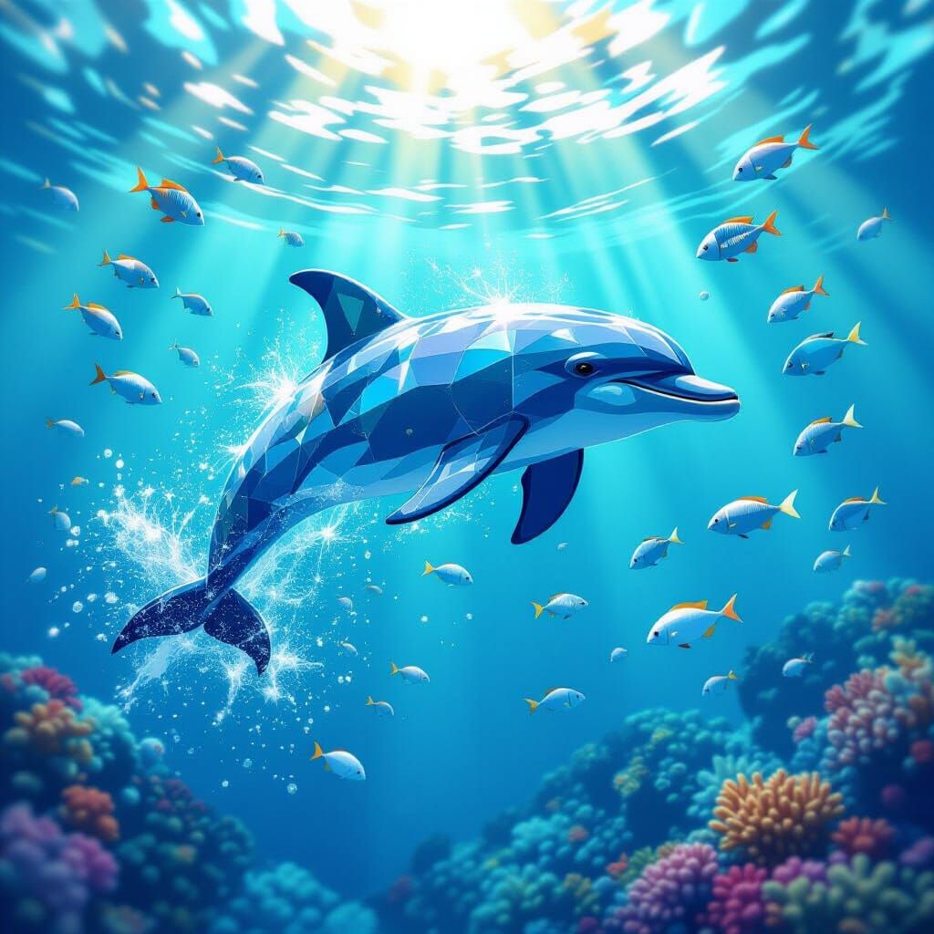 Glass Dolphin Leaps in Shimmering Ghibli Scene