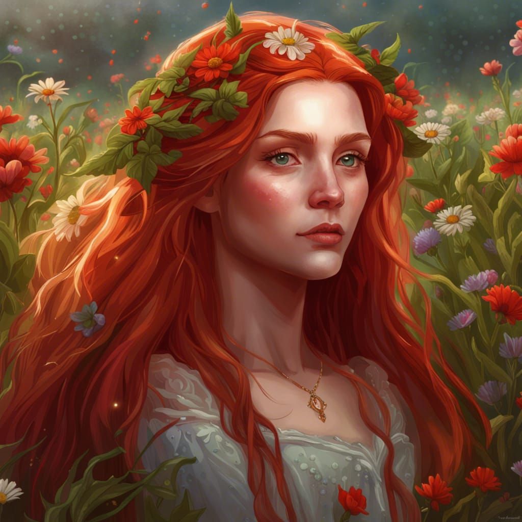 Elegant Elf Princess in Flower Meadow, Gothic Cottagecore