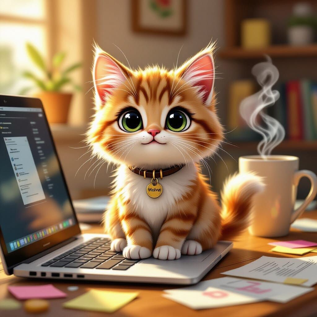 Fluffy Cat on Laptop in Whimsical Digital Art Style