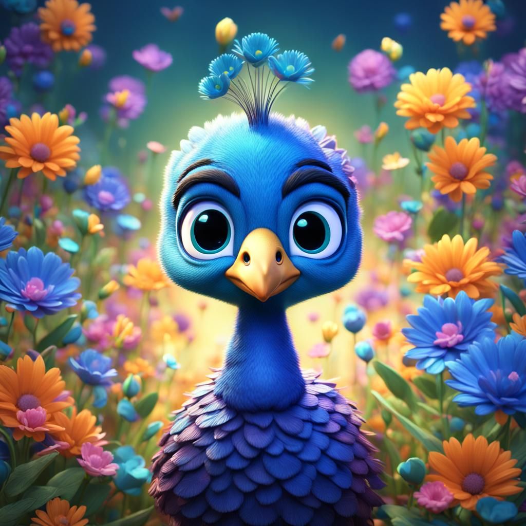 Baby Peacock with Blue Feathers: Pixar-style 3D Art