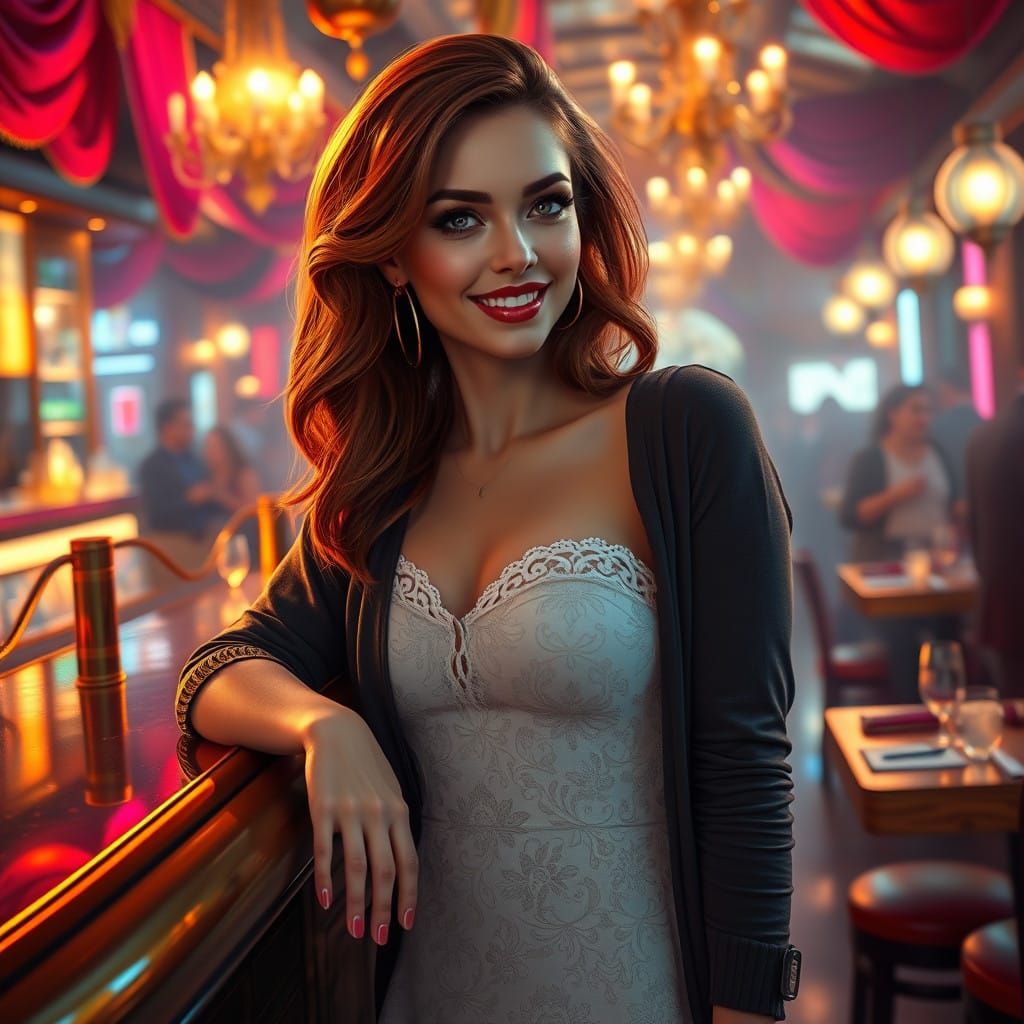 Enchanting Young Woman in Opulent Restaurant Setting, in Whi...