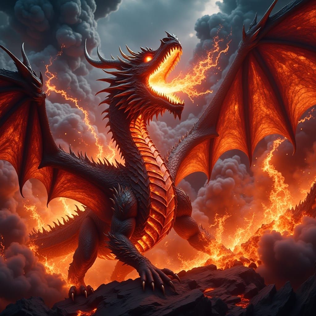 Fearless Dragon Unleashes Fire and Lightning in Stormy Sky