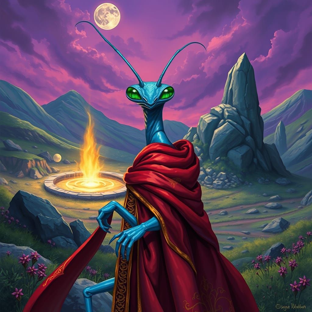Mantis Wizard Contemplates Stone Circle in Digital Art