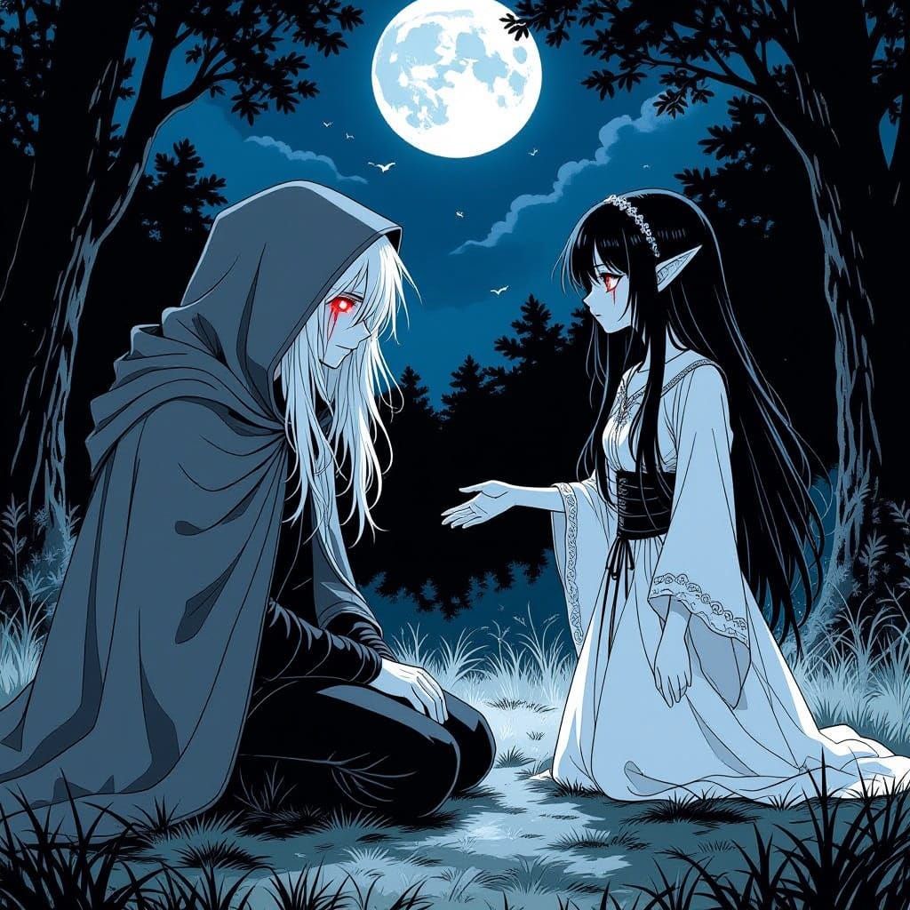 Manga Panel: Sad Elf Receives Comfort Under Moonlight