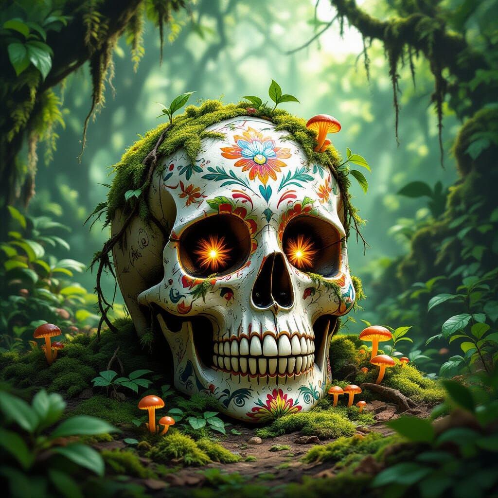 Moss-Covered Sugar Skull Unearthed in Lush Jungle Clearing