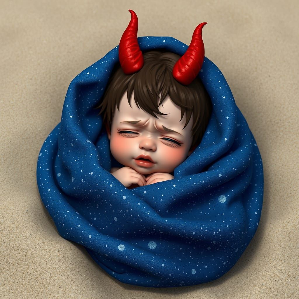 Anime Baby Devil with Starry Blanket, 3D Render