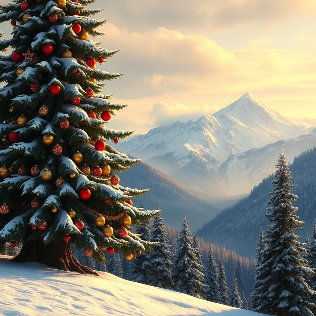 Majestic Christmas Tree Amid Snowy Mountains