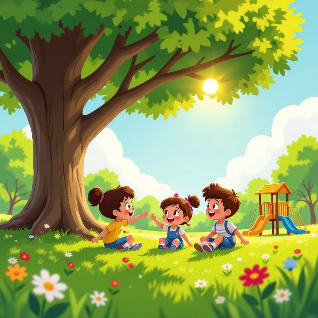 Happy Children Playing in Park: Cartoon Style