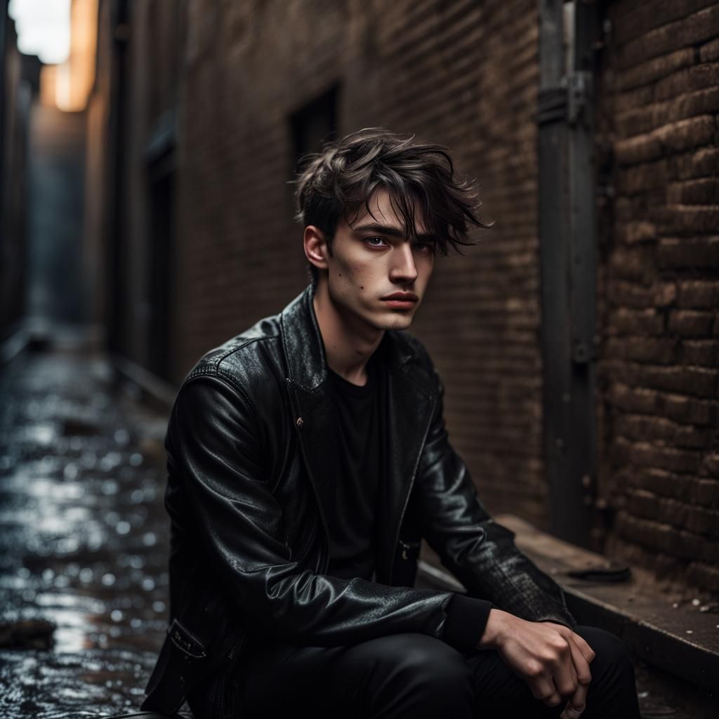 Gothic Youth Crying in Rainy Alley